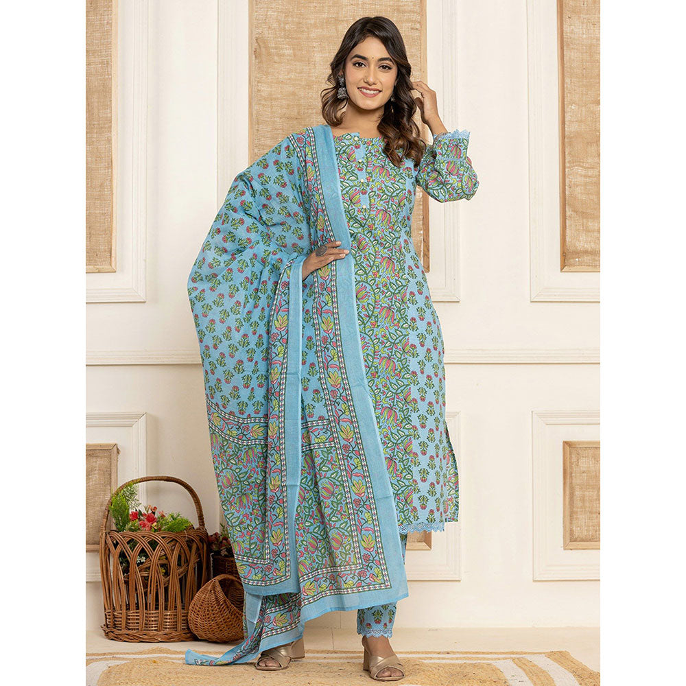 Yufta Sky Blue Leaf Print Cotton Kurta & Pant With Dupatta (Set of 3)