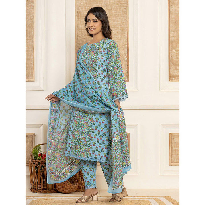 Yufta Sky Blue Leaf Print Cotton Kurta & Pant With Dupatta (Set of 3)