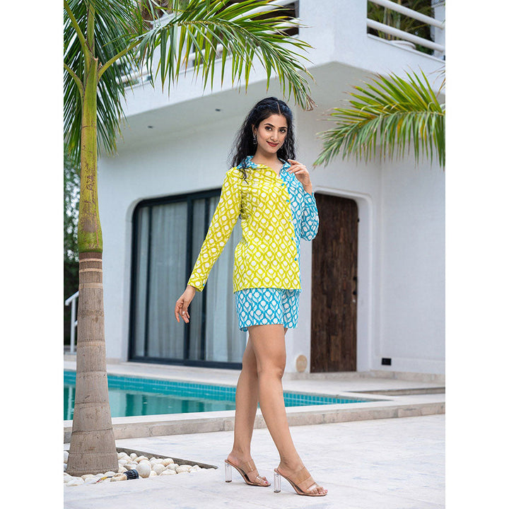 Yufta Lime Green Cotton Color Block Co-Ord (Set of 2)