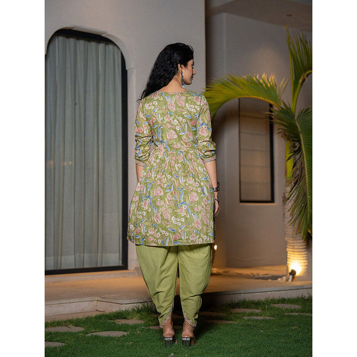 Yufta Green Cotton Floral A-Line Gathers Kurta & Dhoti With Dupatta (Set of 3)