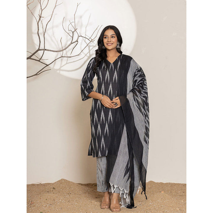 Yufta Black Ikat Print Cotton Straight Kurta & Pant With Dupatta (Set of 3)