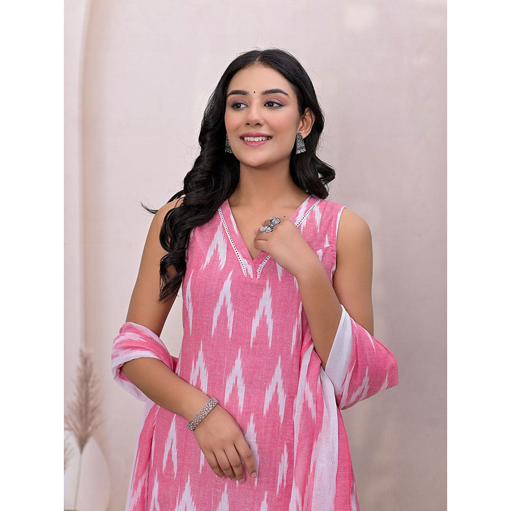 Yufta Pink Ikat Print Pure Cotton A-Line Kurta With Pant & Dupatta (Set of 3)