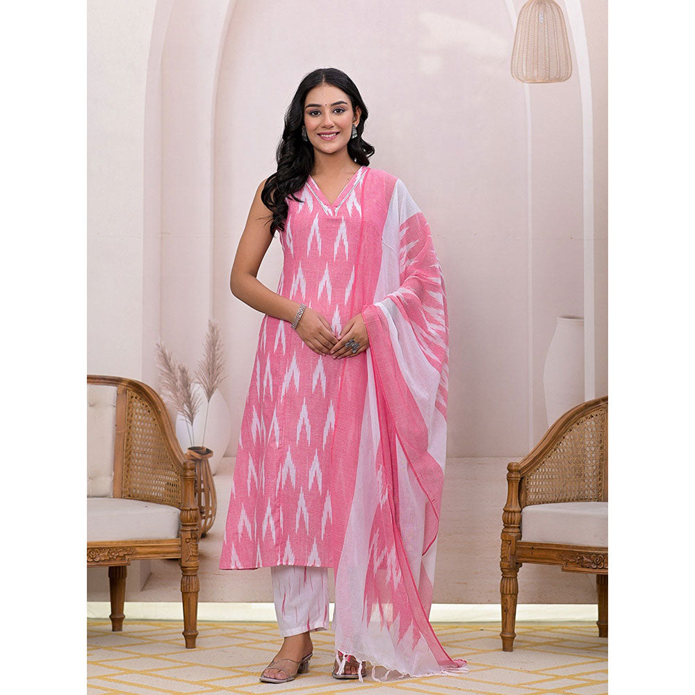 Yufta Pink Ikat Print Pure Cotton A-Line Kurta With Pant & Dupatta (Set of 3)