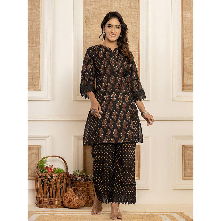 Yufta Cotton Black Printed Kurta With Palazzo (Set of 2)