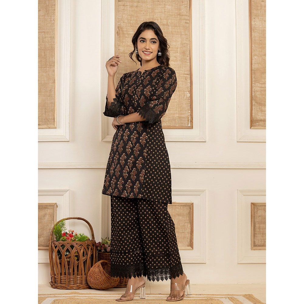 Yufta Cotton Black Printed Kurta With Palazzo (Set of 2)