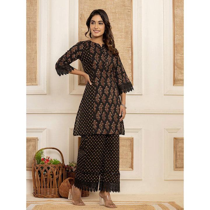 Yufta Cotton Black Printed Kurta With Palazzo (Set of 2)