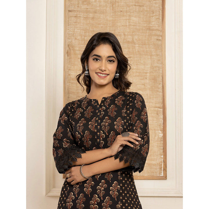 Yufta Cotton Black Printed Kurta With Palazzo (Set of 2)