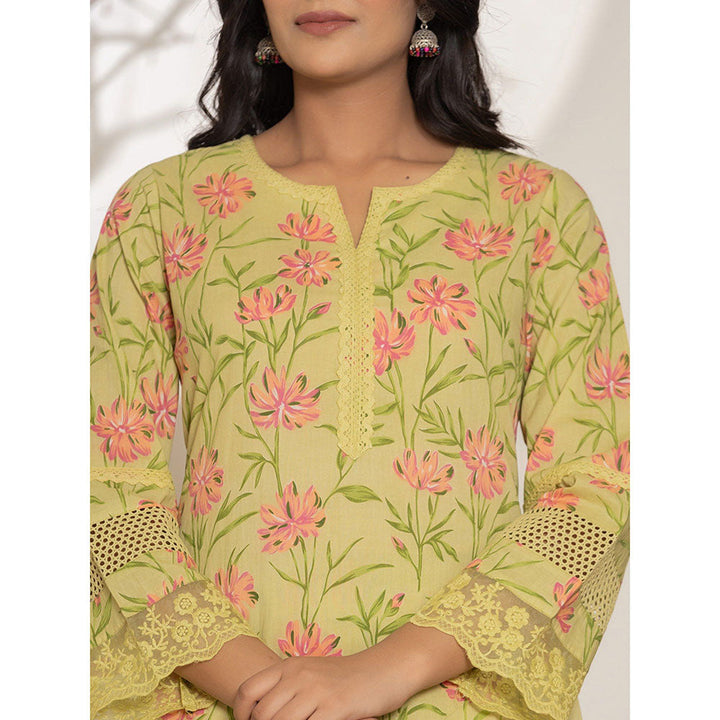 Yufta Green Cotton A-Line Floral Kurta With Pant (Set of 2)