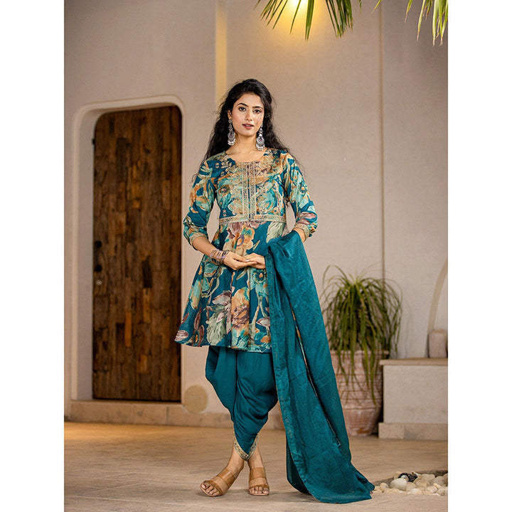 Yufta Cotton Teal Stone Work Kurta & Dhoti With Dupatta (Set of 3)