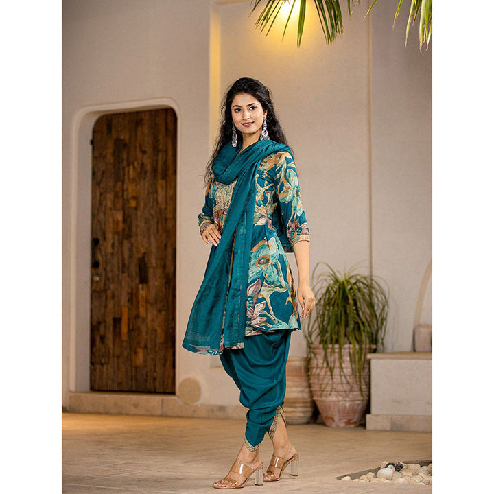 Yufta Cotton Teal Stone Work Kurta & Dhoti With Dupatta (Set of 3)