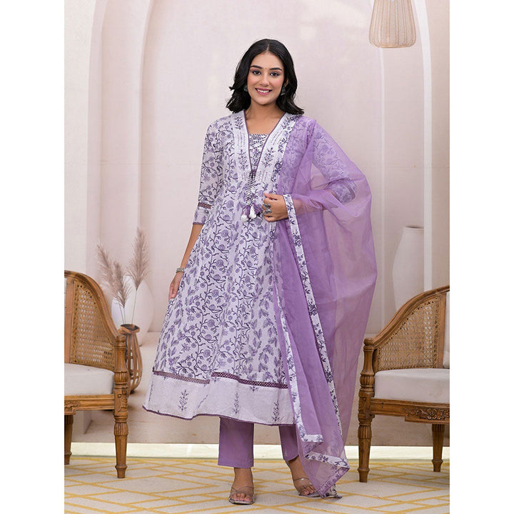 Yufta Purple Embroidered Cotton Anarkali Kurta With Pant & Dupatta (Set of 3)