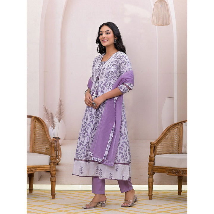 Yufta Purple Embroidered Cotton Anarkali Kurta With Pant & Dupatta (Set of 3)