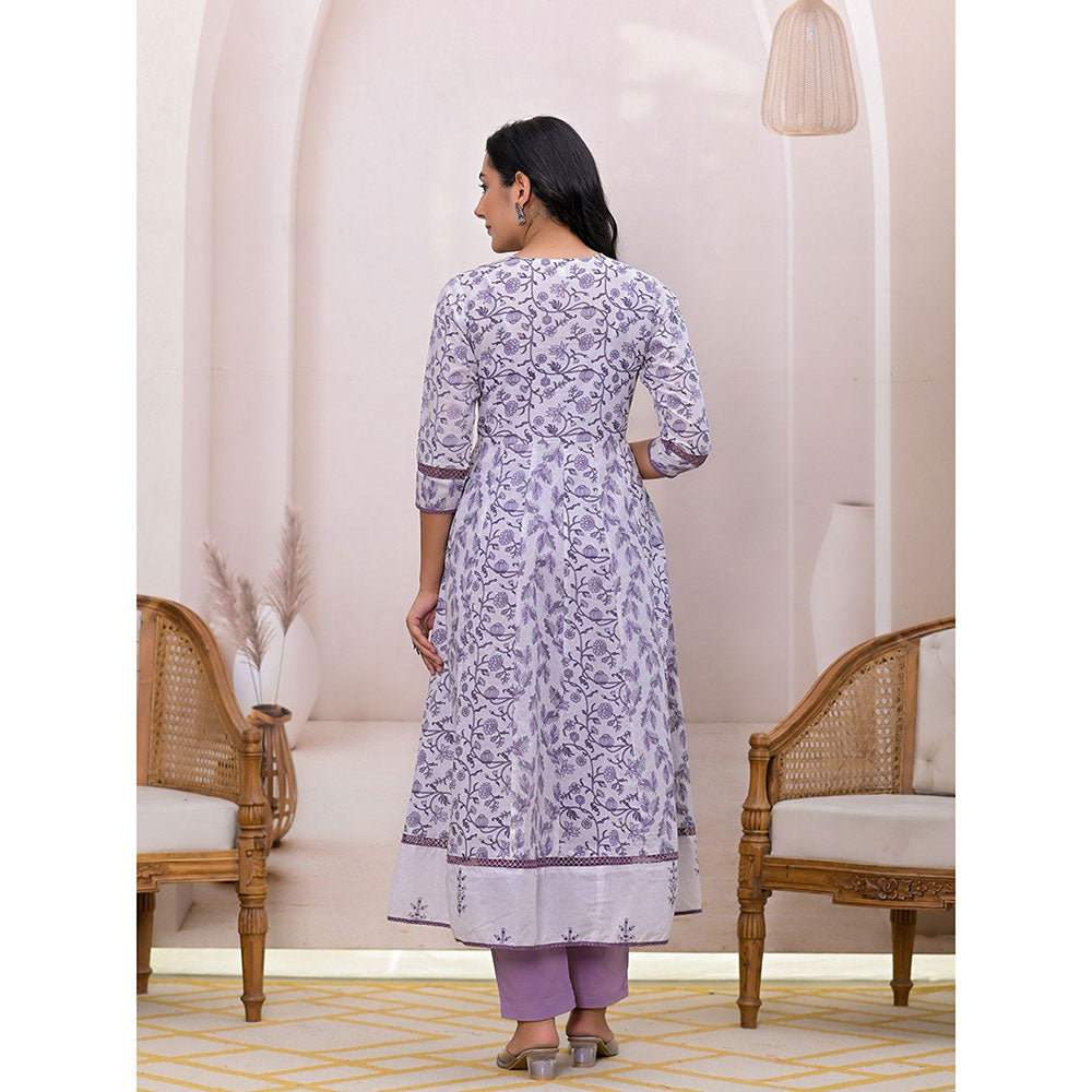 Yufta Purple Embroidered Cotton Anarkali Kurta With Pant & Dupatta (Set of 3)