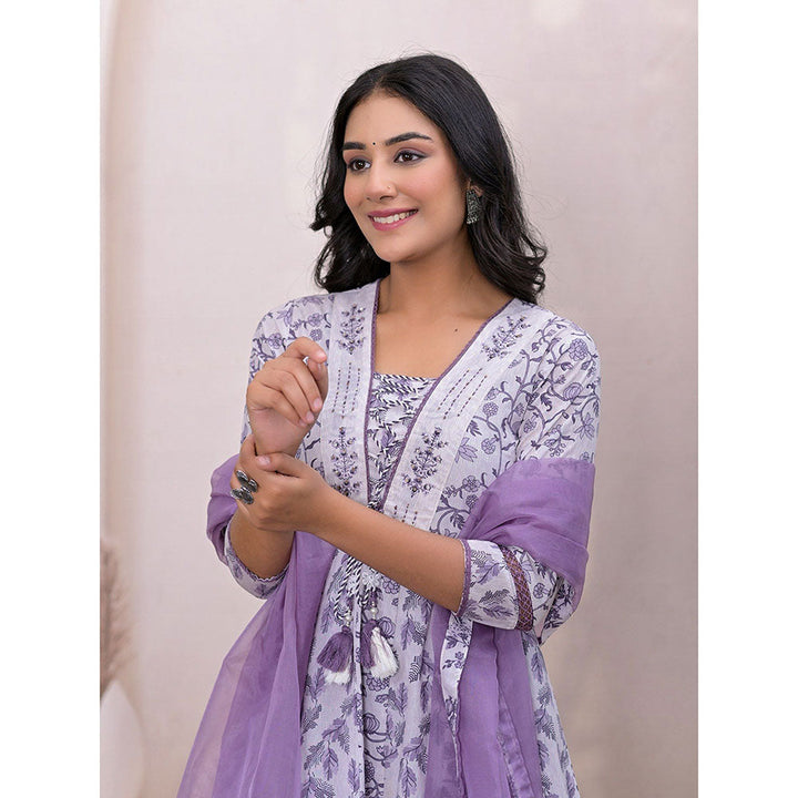 Yufta Purple Embroidered Cotton Anarkali Kurta With Pant & Dupatta (Set of 3)