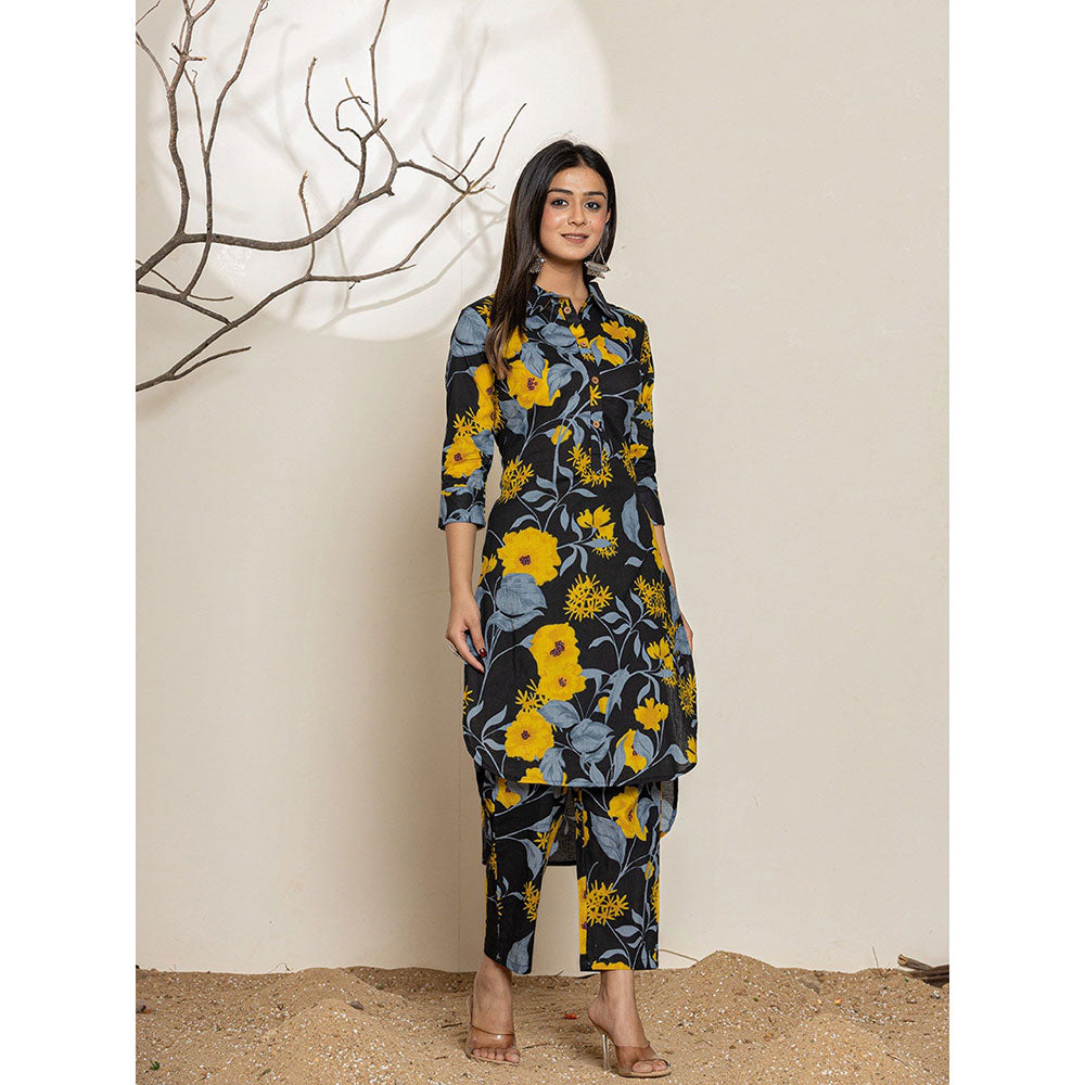 Yufta Black Cotton Floral Kurta With Pant (Set of 2)