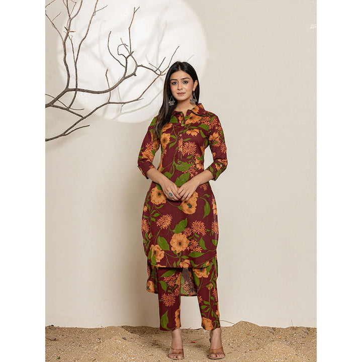 Yufta Maroon Cotton Floral Kurta With Pant (Set of 2)