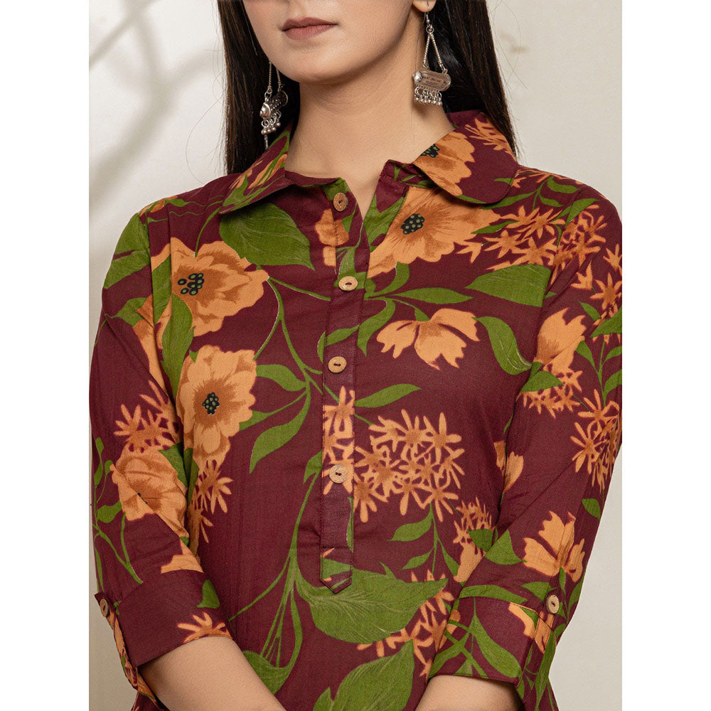 Yufta Maroon Cotton Floral Kurta With Pant (Set of 2)