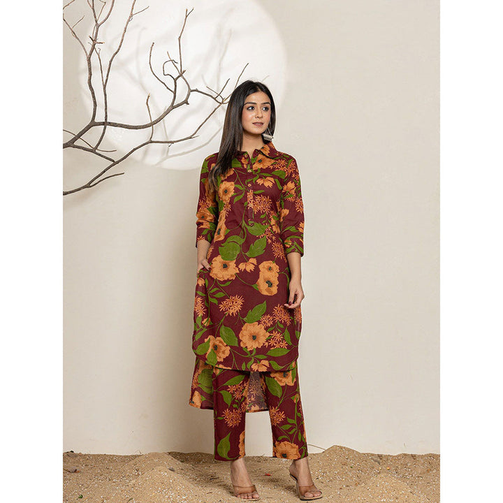 Yufta Maroon Cotton Floral Kurta With Pant (Set of 2)