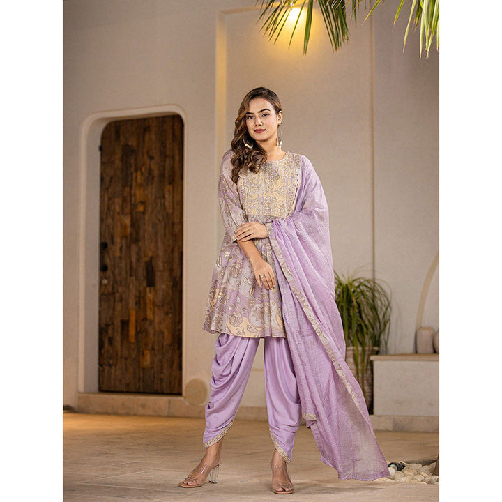 Yufta Purple Cotton Peplum Kurta With Dhoti & Dupatta (Set of 3)