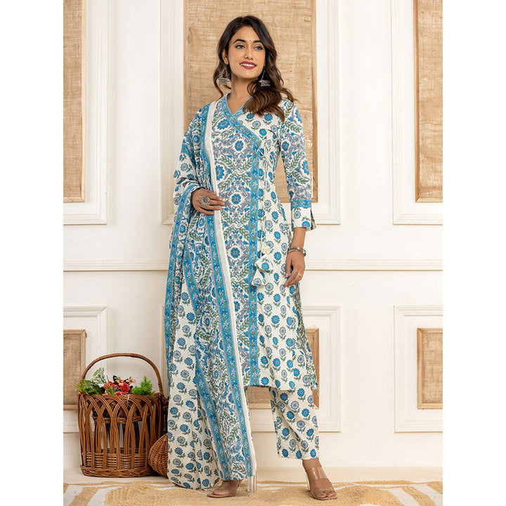 Yufta Turquoise Printed Cotton Kurta With Pant & Dupatta (Set of 3)