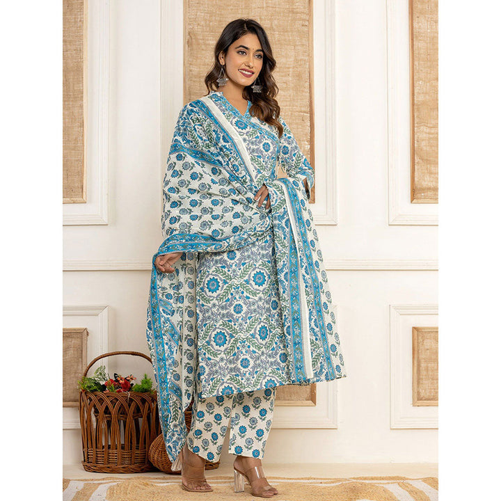 Yufta Turquoise Printed Cotton Kurta With Pant & Dupatta (Set of 3)