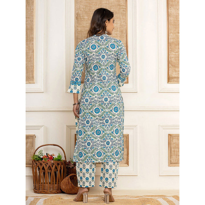 Yufta Turquoise Printed Cotton Kurta With Pant & Dupatta (Set of 3)