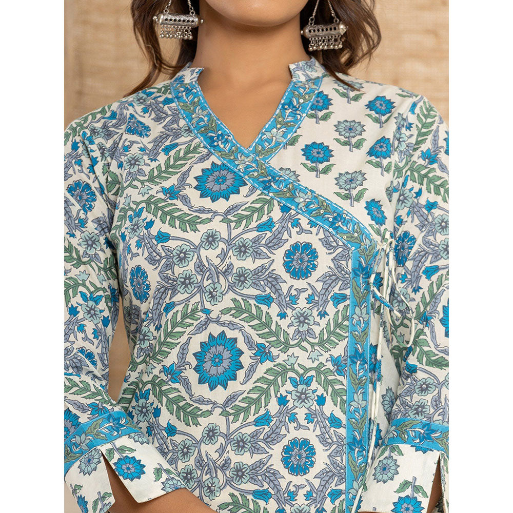 Yufta Turquoise Printed Cotton Kurta With Pant & Dupatta (Set of 3)