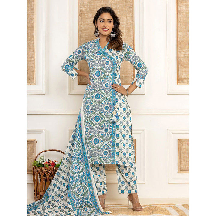 Yufta Turquoise Printed Cotton Kurta With Pant & Dupatta (Set of 3)