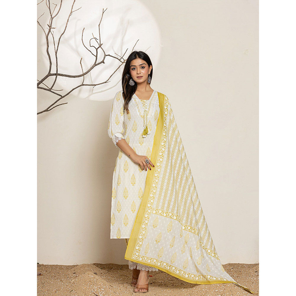 Yufta Yellow Floral Print Cotton Straight Kurta With Pant & Dupatta (Set of 3)