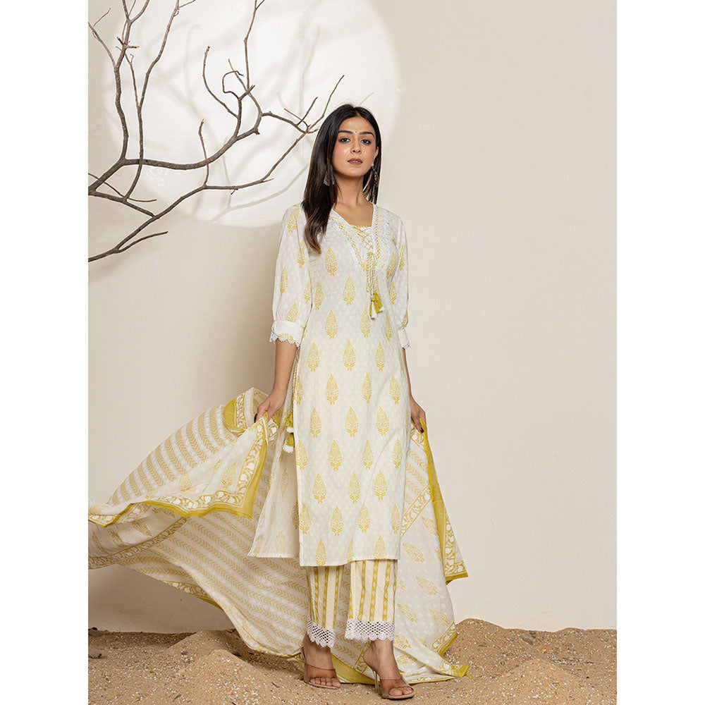 Yufta Yellow Floral Print Cotton Straight Kurta With Pant & Dupatta (Set of 3)