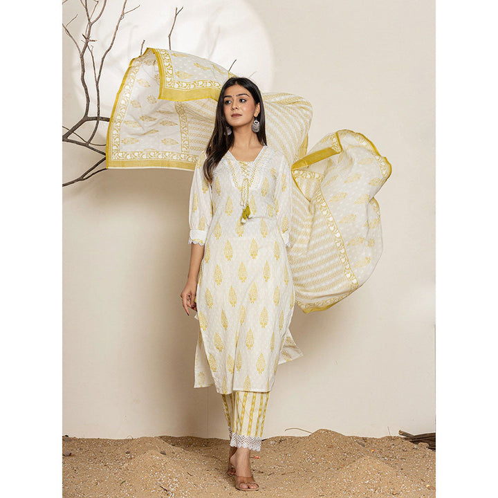 Yufta Yellow Floral Print Cotton Straight Kurta With Pant & Dupatta (Set of 3)