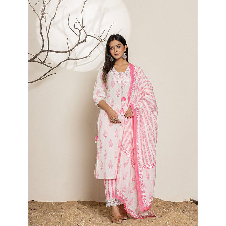 Yufta Pink Floral Print Cotton Straight Kurta With Pant & Dupatta (Set of 3)