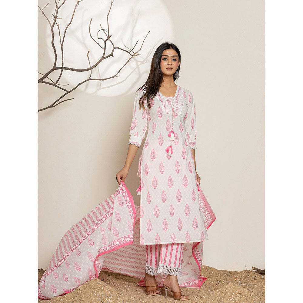 Yufta Pink Floral Print Cotton Straight Kurta With Pant & Dupatta (Set of 3)