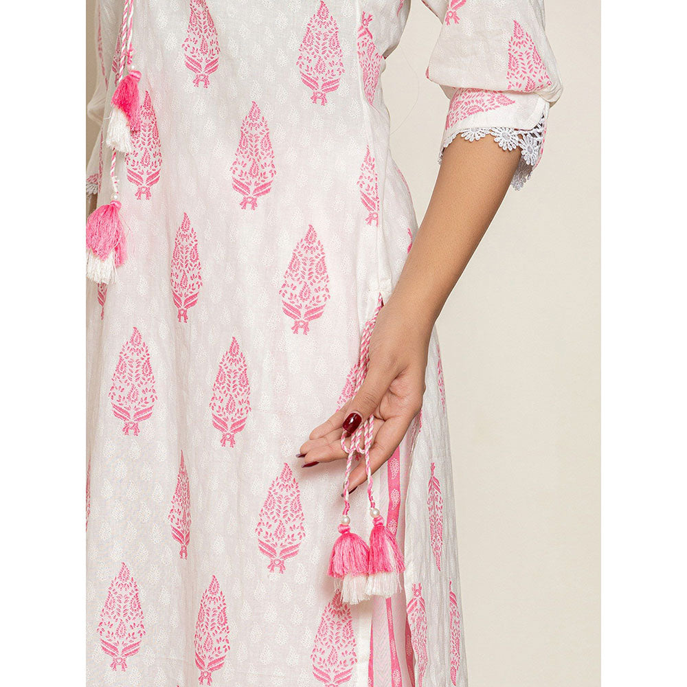 Yufta Pink Floral Print Cotton Straight Kurta With Pant & Dupatta (Set of 3)