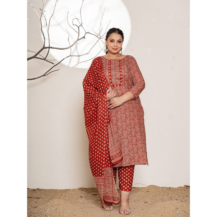 Yufta Printed Maroon Cotton Plus Size Kurta With Pant & Dupatta (Set of 3)