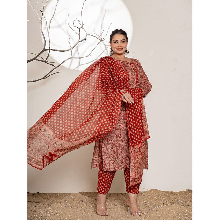 Yufta Printed Maroon Cotton Plus Size Kurta With Pant & Dupatta (Set of 3)