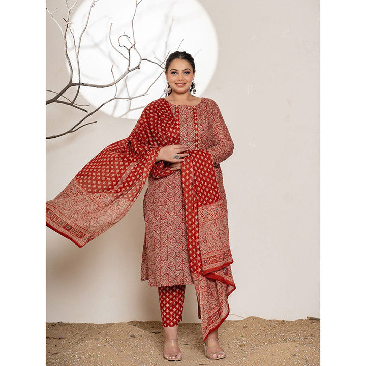 Yufta Printed Maroon Cotton Plus Size Kurta With Pant & Dupatta (Set of 3)