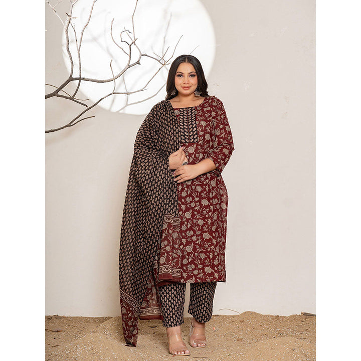 Yufta Floral Print Maroon Cotton Plus Size Kurta With Pant & Dupatta (Set of 3)