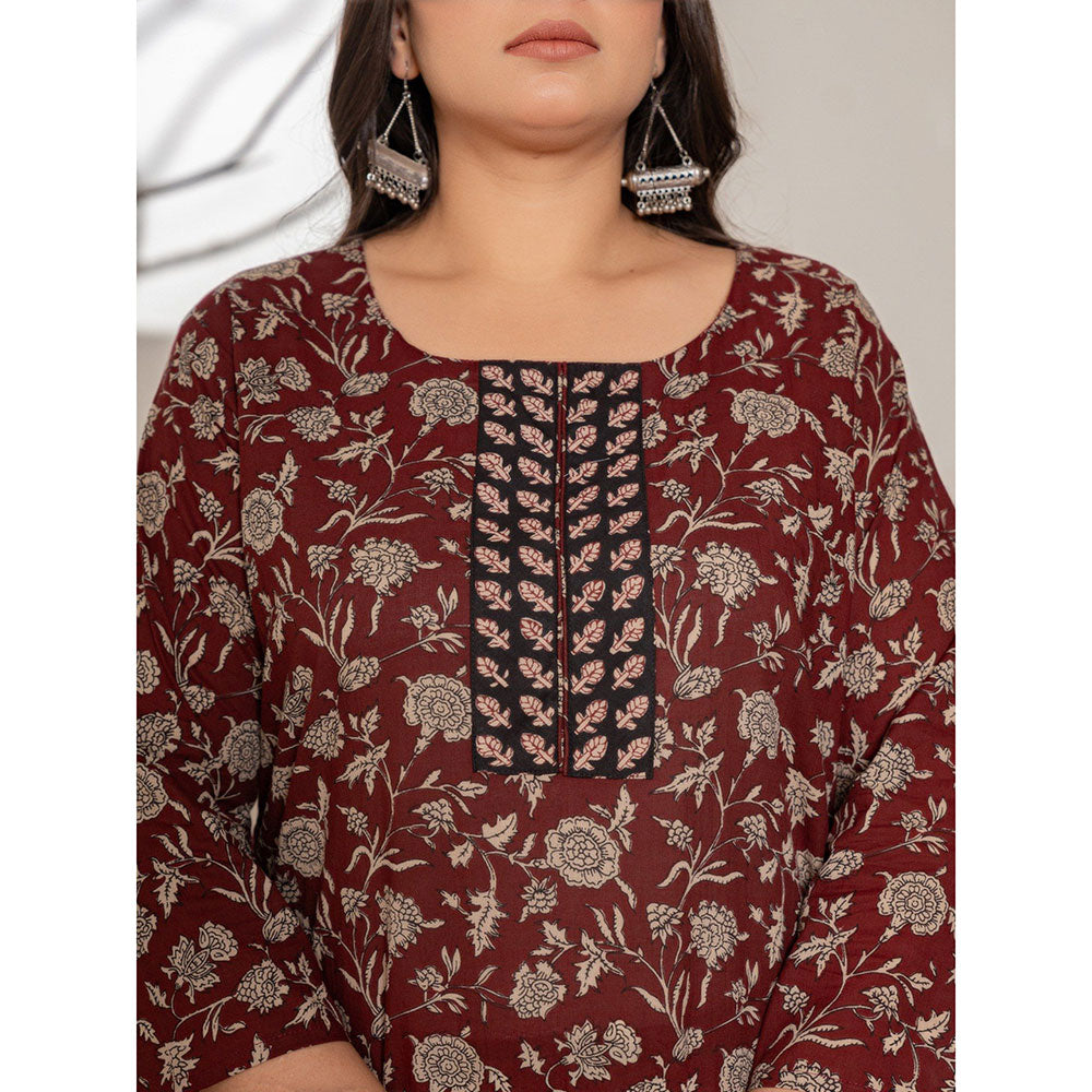 Yufta Floral Print Maroon Cotton Plus Size Kurta With Pant & Dupatta (Set of 3)