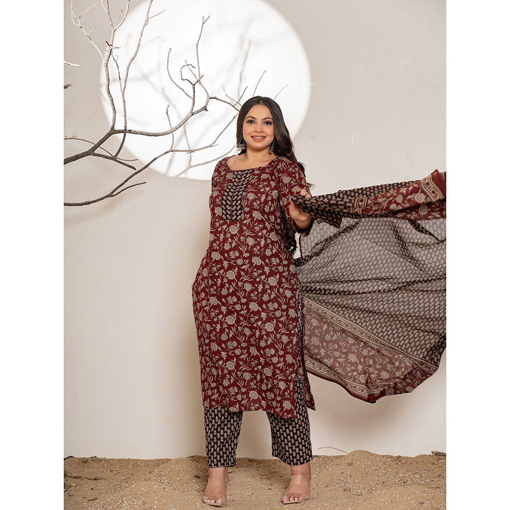 Yufta Floral Print Maroon Cotton Plus Size Kurta With Pant & Dupatta (Set of 3)