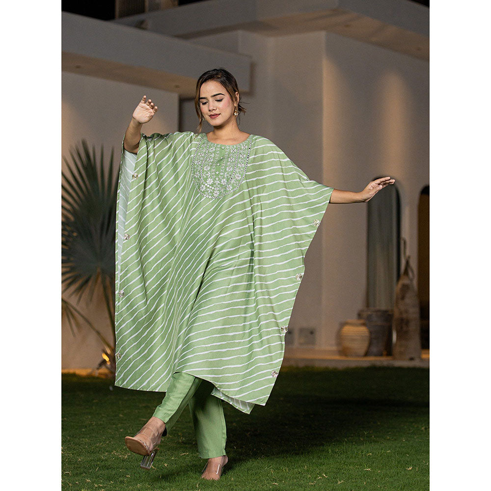 Yufta Green Leheriya Kaftan Kurta With Pant (Set of 2)