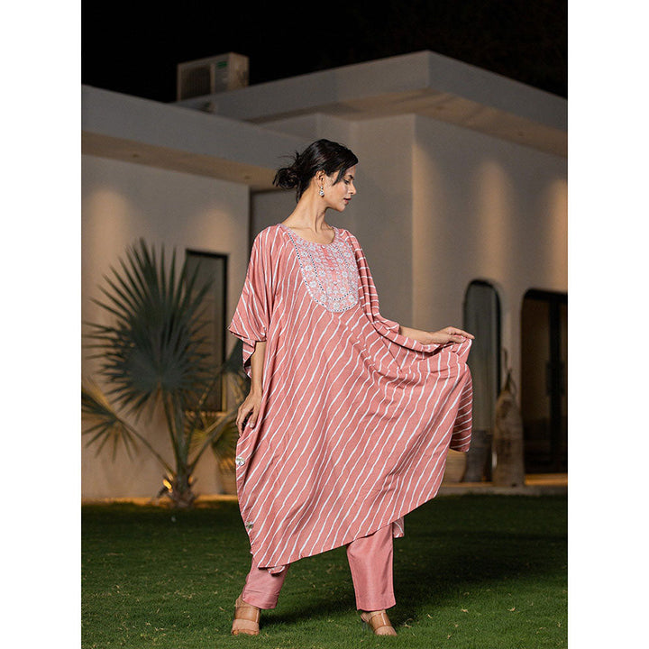 Yufta Peach Leheriya Kaftan Kurta With Pant (Set of 2)