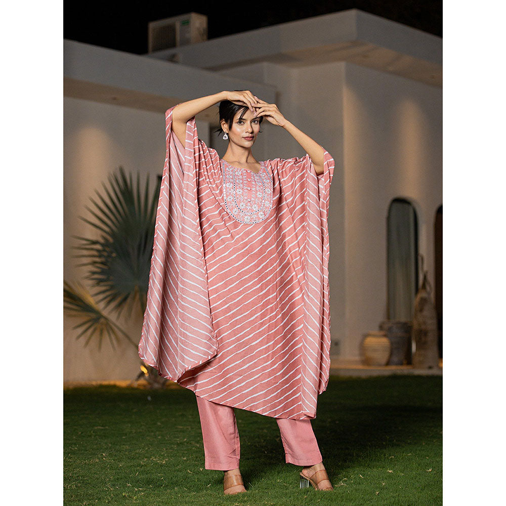 Yufta Peach Leheriya Kaftan Kurta With Pant (Set of 2)