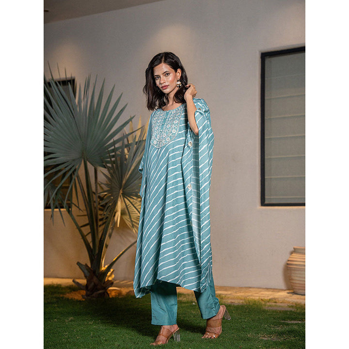 Yufta Sky Blue Leheriya Kaftan Kurta With Pant (Set of 2)