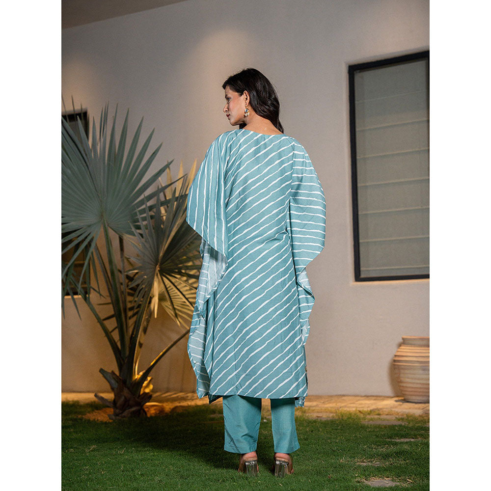 Yufta Sky Blue Leheriya Kaftan Kurta With Pant (Set of 2)