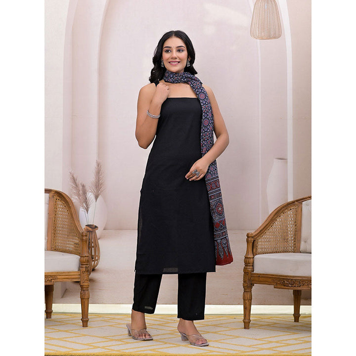 Yufta Black Pure Cotton Straight Kurta With Pant & Dupatta (Set of 3)