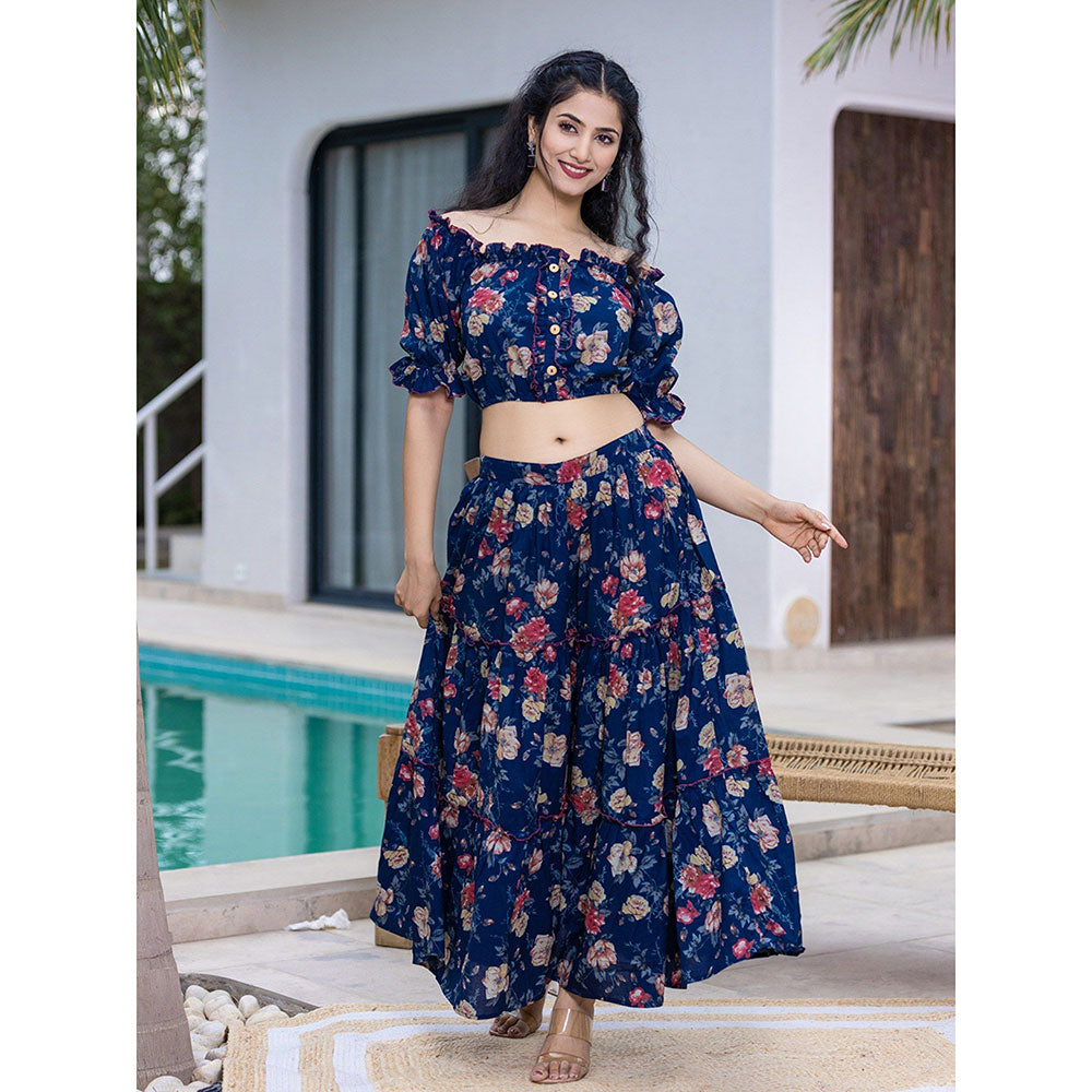 Yufta Cotton Blue Floral Crop Top & Skirt (Set of 2)