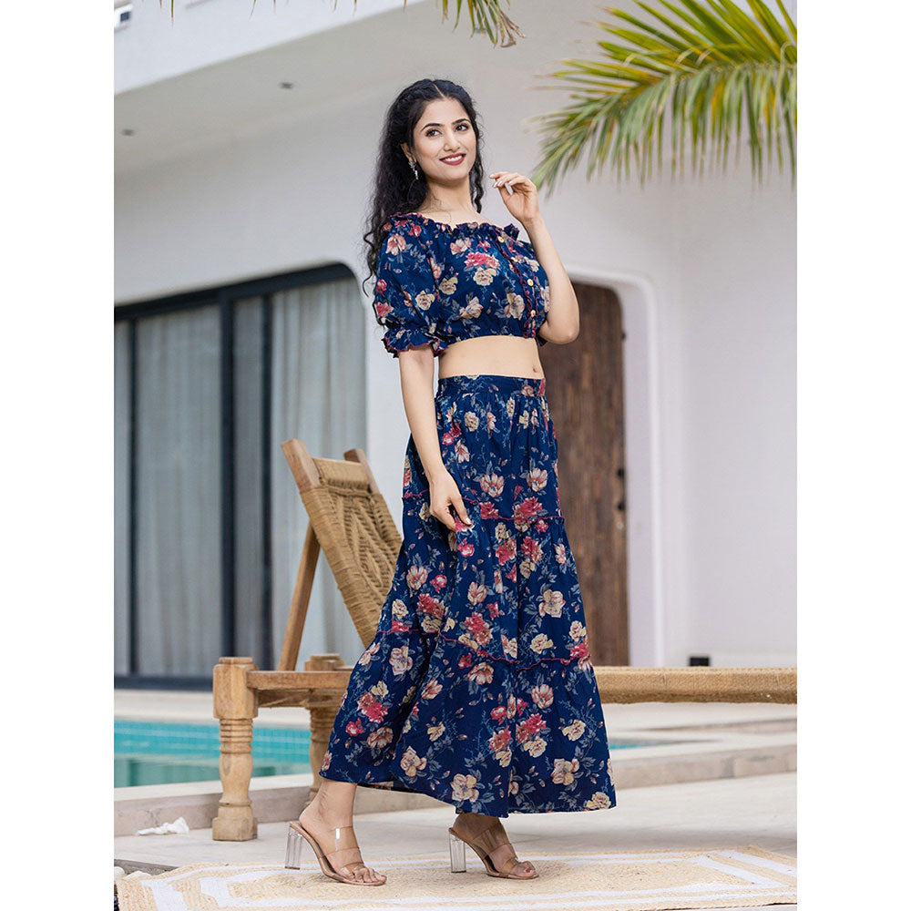 Yufta Cotton Blue Floral Crop Top & Skirt (Set of 2)