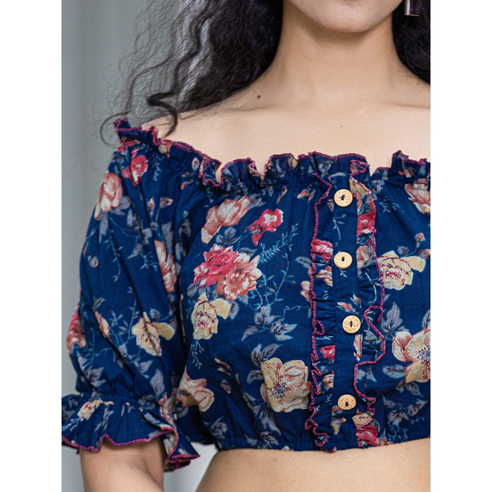 Yufta Cotton Blue Floral Crop Top & Skirt (Set of 2)