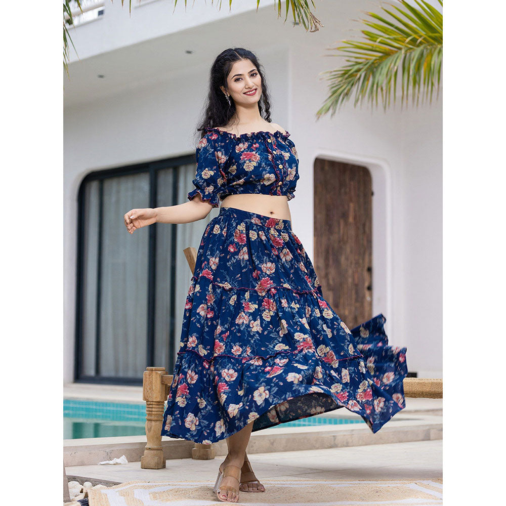 Yufta Cotton Blue Floral Crop Top & Skirt (Set of 2)